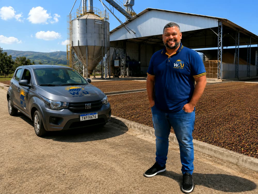 Atendimento em propriedade rural, com silo e terreiro de café ao fundo